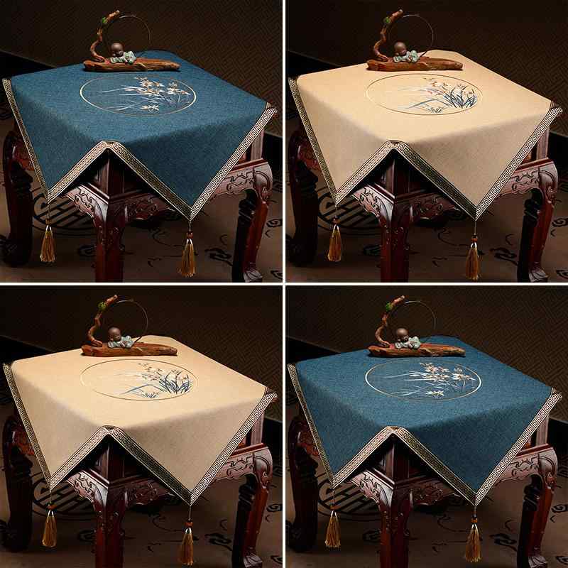 テーブルクロス おしゃれ チャイナ風 正方形 布 インテリア タッセル カバー シンプル エレガント 食卓 寝室 空の谷 蘭 青 ベージュ