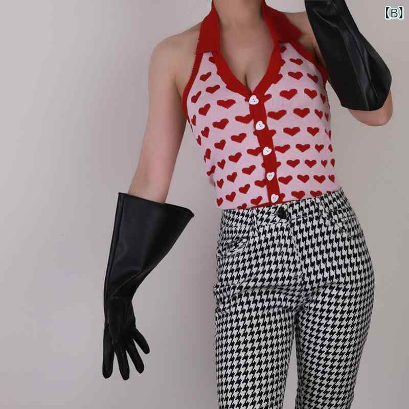 手袋 レザー レディース PU エナメル ロング フィンガーグローブ 38cm ゆったり ふんわり 大きな袖口 写真撮影 舞台衣装 コスプレ 黒 赤 ピンク
