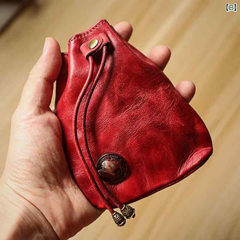 小銭入れ おしゃれ キーケース 革 ストラップ 巾着タイプ かわいい レトロ シック ヴィンテージ コンパクト レザー 男女兼用 牛革 多機能 レッド ブラック ブラウン