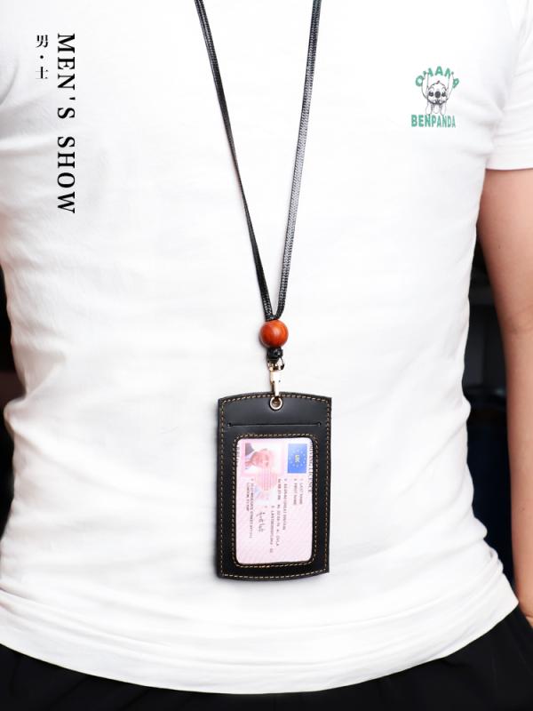 名札ホルダー 革 おしゃれ 吊り下げ ネックストラップ オフィス ビジネス カード カバー パスケース 社..