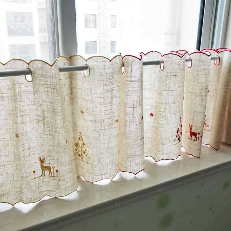 カフェカーテン 刺繍 クリスマス トナカイ リネン 小窓 ハーフ ショート キッチン 寝室 リビング 突っ張り棒 赤 ゴールド かわいい 穴あけ不要
