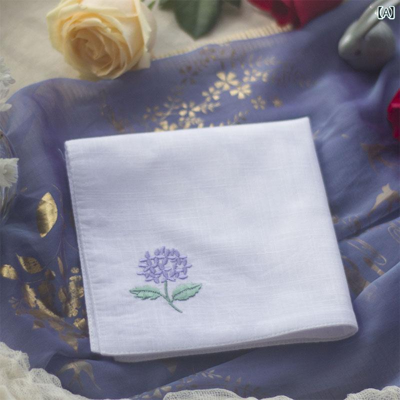 ハンカチ レディース ギフト 大人 刺繍 爽やか 汗拭き 綿 レトロ 正方形 ワンポイント 花柄 あじさい 白 ピンク アプリコット シンプル 無地 母の日