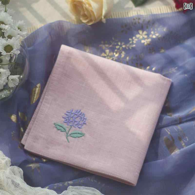 ハンカチ レディース ギフト 大人 刺繍 爽やか 汗拭き 綿 レトロ 正方形 ワンポイント 花柄 あじさい 白 ピンク アプリコット シンプル 無地 母の日