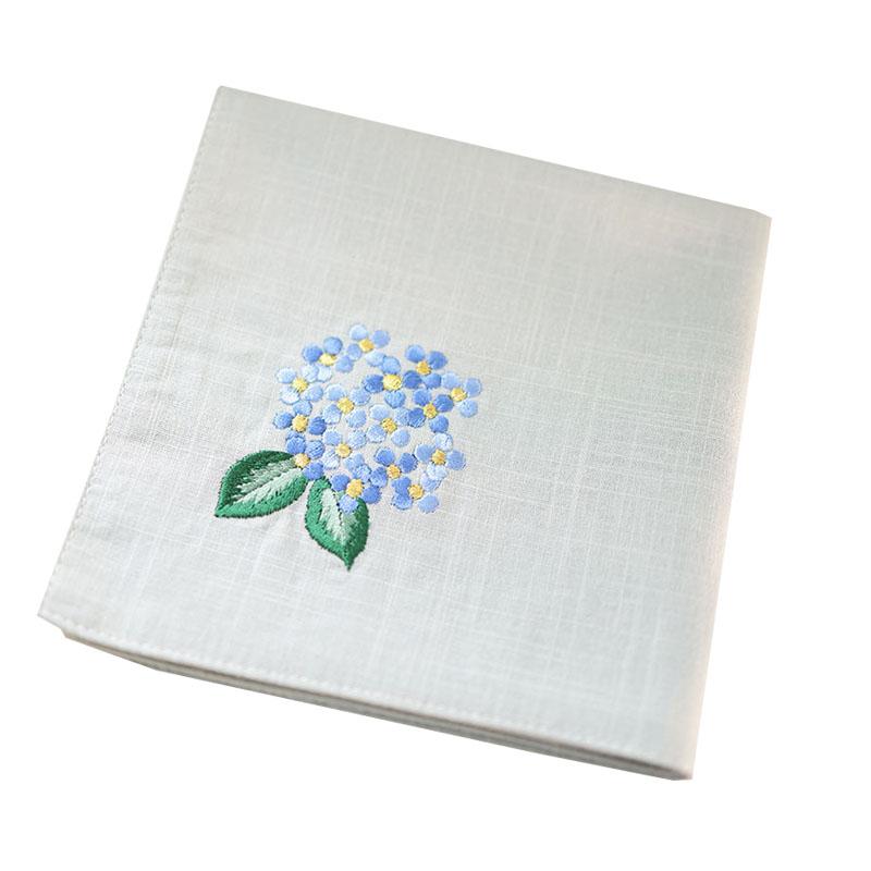 ハンカチ レディース ギフト 大人 刺繍 爽やか 綿 レトロ 正方形 汗拭き ワンポイント 花柄 あじさい 古風 アプリコット ピンク 青 誕生日 記念日 母の日 シンプル 無地