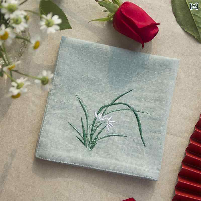 ハンカチ レディース ギフト 大人 刺繍 綿 母の日 メンズ 蘭 ソフト 小さめ 正方形 スカーフ 誕生日 シンプル 無地 アプリコット 黒 ピンク