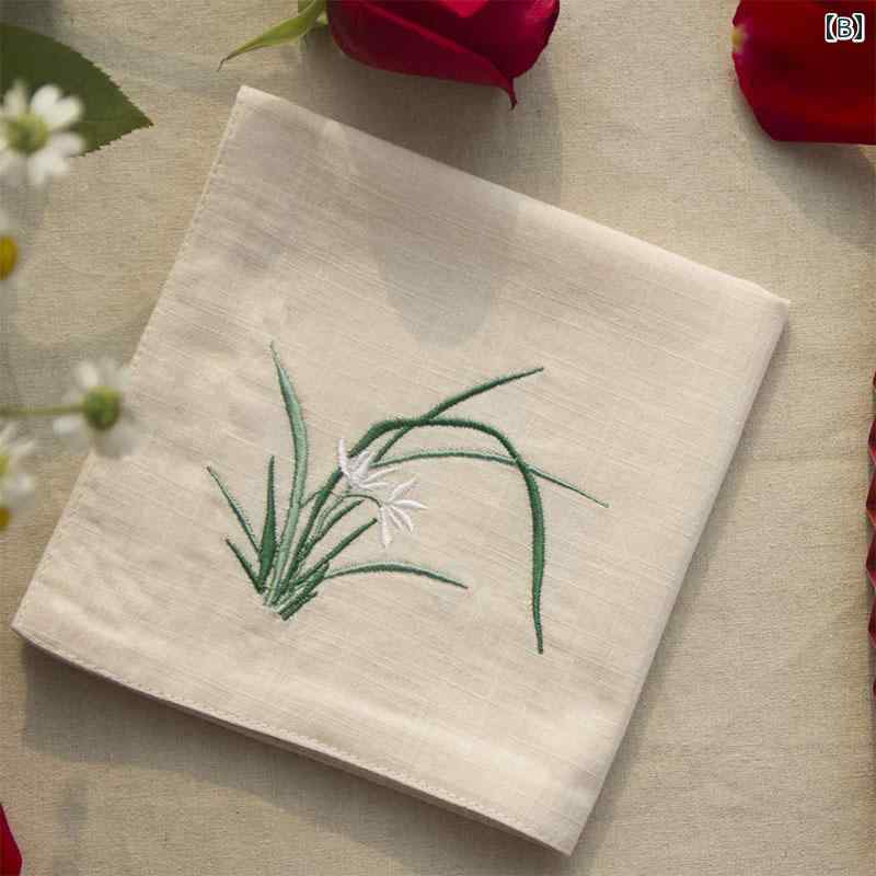 ハンカチ レディース ギフト 大人 刺繍 綿 母の日 メンズ 蘭 ソフト 小さめ 正方形 スカーフ 誕生日 シンプル 無地 アプリコット 黒 ピンク