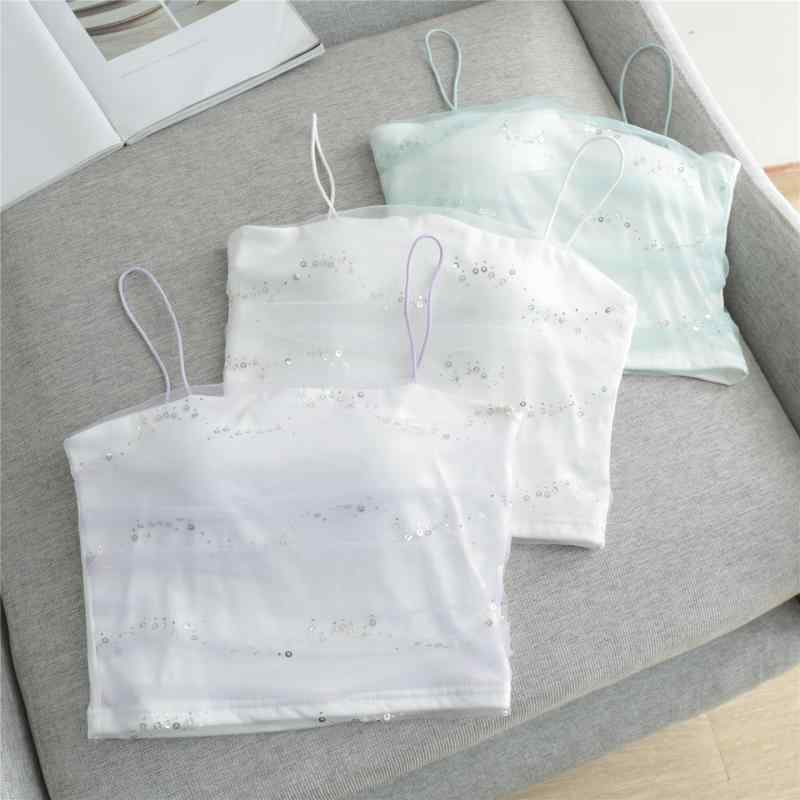 キャミソール レディース おしゃれ 夏 きらきら 透け感 ネット メッシュ セクシー スリム ハイウエスト ベアトップ カップ ホルターネック