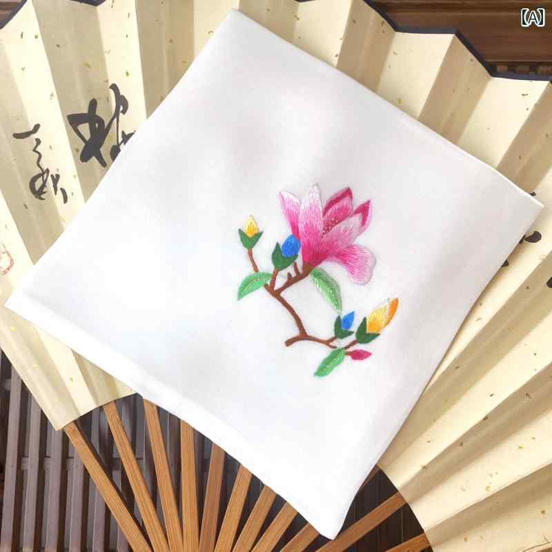 ハンカチ レディース ギフト 大人 刺繍 小さめ スクエア スカーフ 花柄 モクレン エレガント シンプル 無地 おしゃれ 誕生日 記念日 白 ゴールド