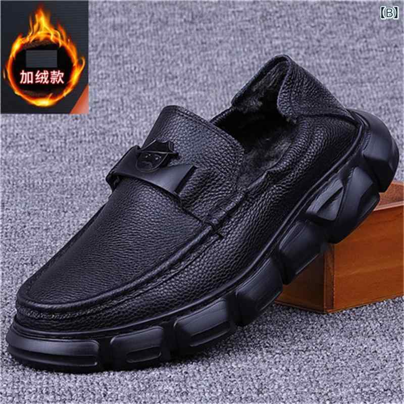 シューズ メンズ 男性用 革 牛革 レザーシューズ 厚底 スリッポン カジュアル 普段使い アウトドア 軽量 ラウンドトゥ ローヒール ブラック 無地 春秋