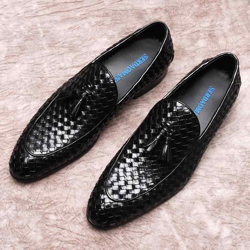 ローファー メンズ 男性用 革 牛革 スリッポン タッセル 手編み 編み込み ポインテッドトゥ ビジネス ..