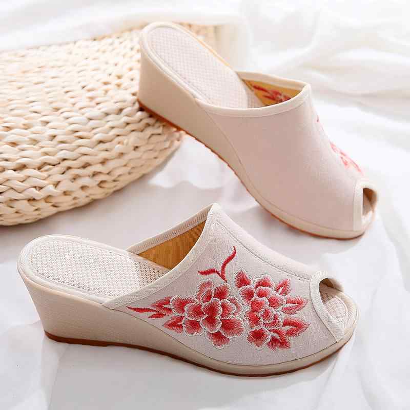 ミュール レディース エスニック 刺繍 布製 厚底 ウェッジソール オープントゥ ハイヒール サンダル カジュアル 春夏 グレー ベージュ パープル ネイビー