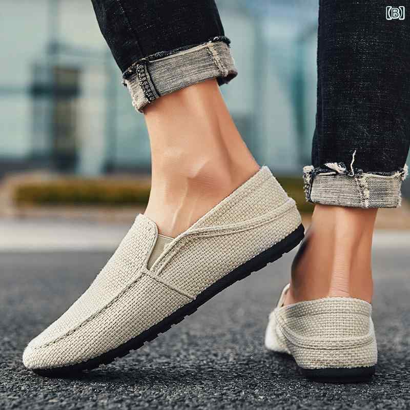 シューズ メンズ スリッポン キャンバス 通気性 快適 軽量 カジュアル 春夏 無地 ブラック ローカット フラット ゴム底 普段使い デイリー