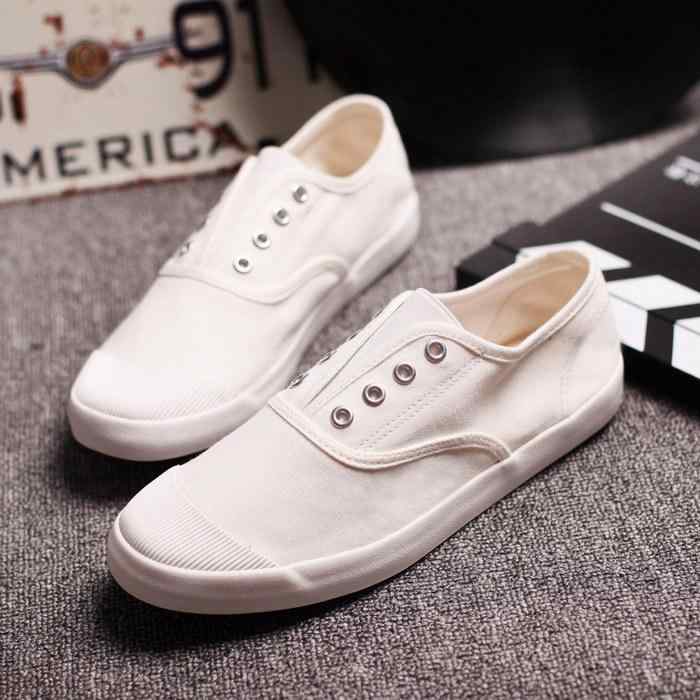 スニーカー メンズ キャンバス スリッポン シェルトゥ 白 無地 ローカット ゴム底 通気性 コットン裏地..