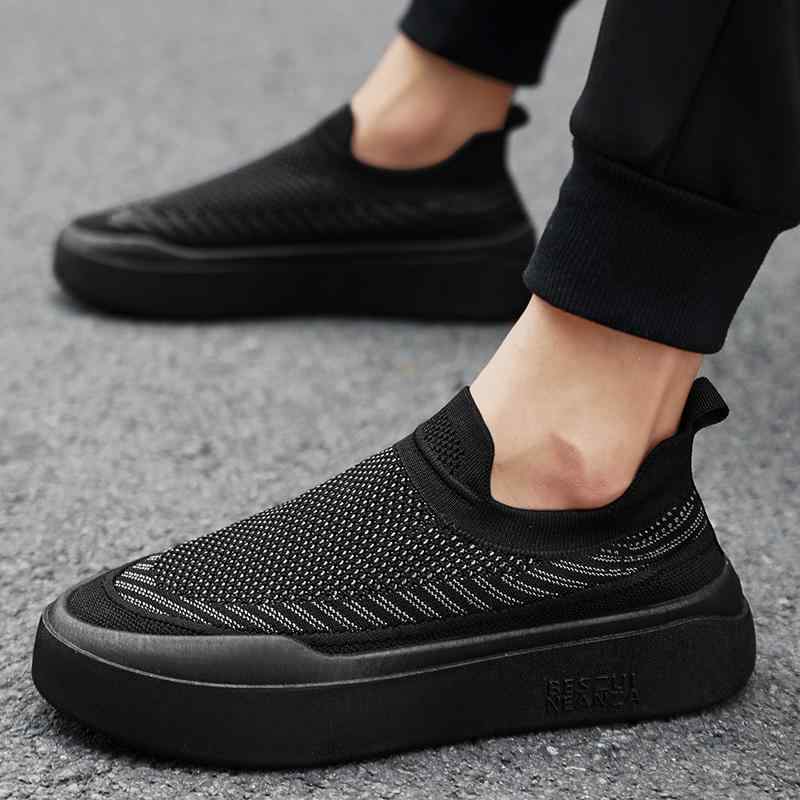 スニーカー メンズ 夏 メッシュ スリッポン 紐なし 通気性 カジュアルシューズ ラウンドトゥ 厚底 フラットソール ブラック