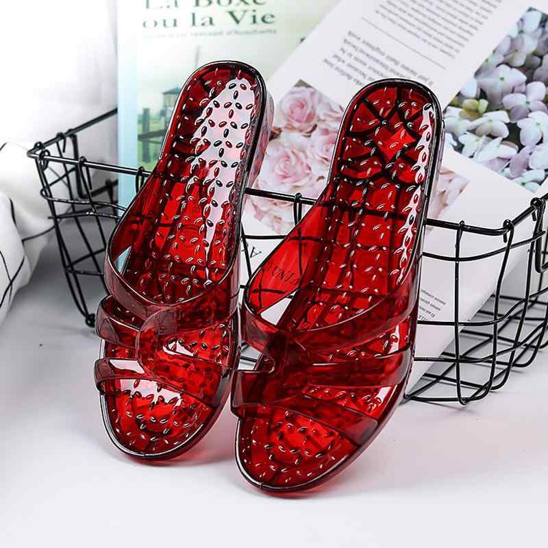 サンダル レディース 春夏 透明 PVC ジェリー クリスタル調 室内履き ルームシューズ 普段使い カジュアル 滑り止め 防臭 ワンベルト ローヒール ウェッジソール ワインレッド 赤 黄系