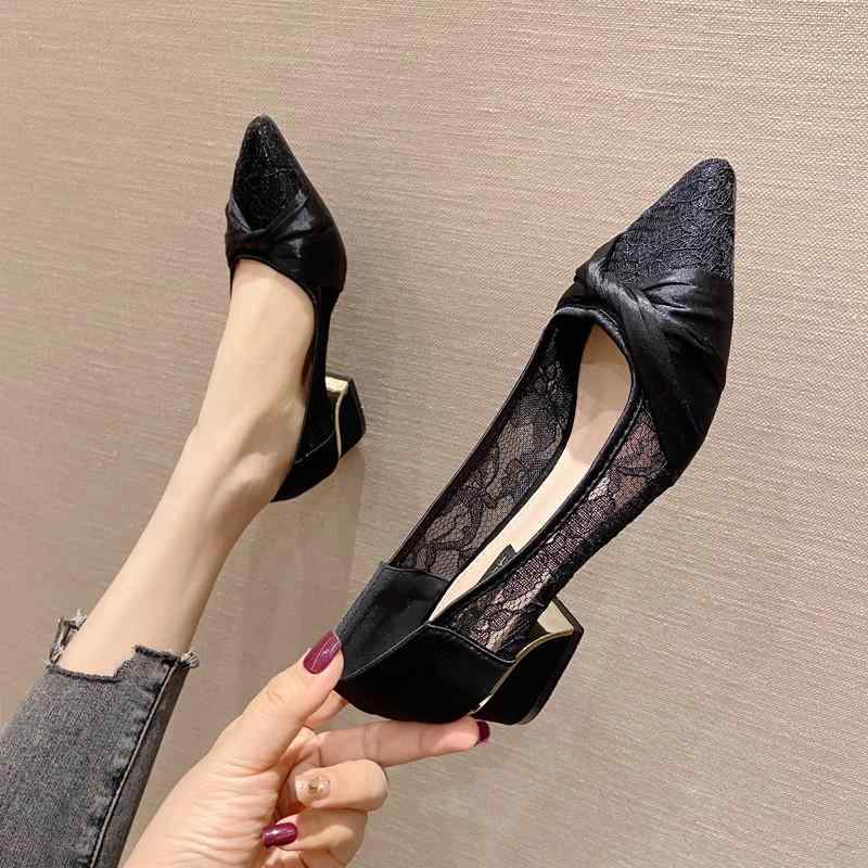 シューズ レディース ポインテッドトゥ メッシュ 浅履き ローマサンダル 太ヒール ローヒール エレガント フェミニン オフィス デイリー 韓国風 春夏