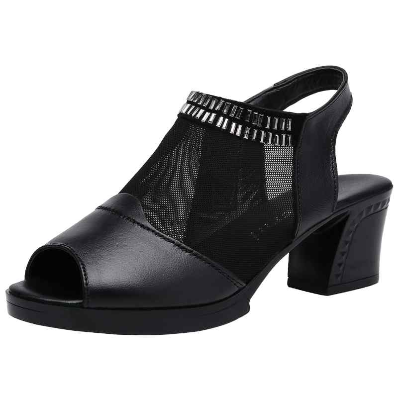 サンダル レディース ミセス 革 牛革 ローマ風 フィッシュトゥ 太ヒール ミドルヒール ラインストーン メッシュ 厚底 ファスナー バックオープン サイドオープン 夏 普段使い