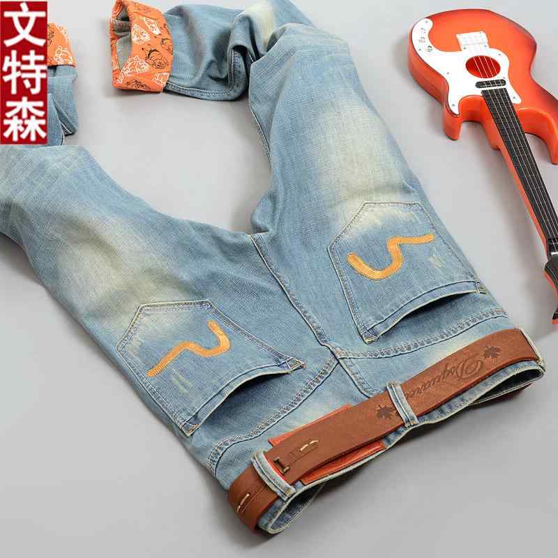 デニムパンツ メンズ 男性用 韓国風 ライトブルー ウォッシュ加工 ダメージ クラッシュ ストレート ロング丈 普段使い コットン カジュアル