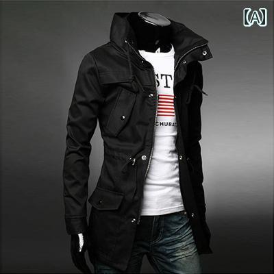 Trench Coat - トレンチコート メンズ ミリタリー 秋冬 スリムフィット ミドル丈 無地 ジップアップ 韓国風 中綿 大きいサイズ ジャケット アウター カーキ ブラック オリーブグリーン
