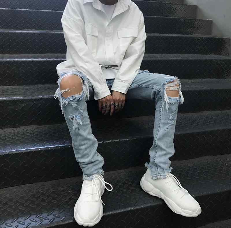 デニムパンツ メンズ ストリート ダメージ加工 スキニー スリムフィット ロングパンツ ライトブルー ウォッシュ加工 ひげ加工 ストーンウォッシュ 切りっぱなし 微ストレッチ 韓国風 カジュアル 普段使い ミドルウエスト