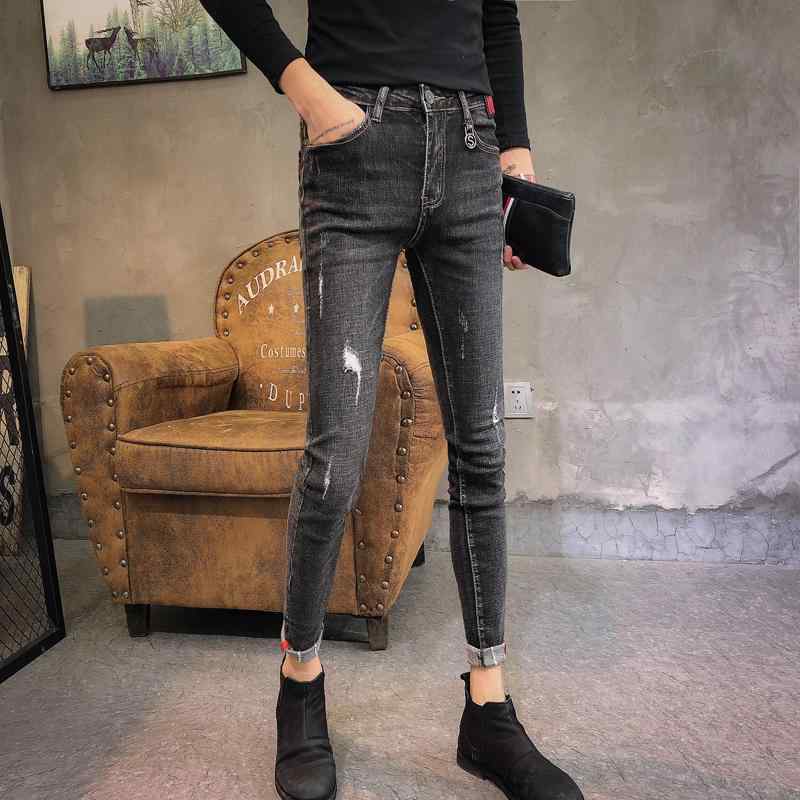 デニムパンツ メンズ 春夏 スキニー テーパード スリム クラッシュ ダメージ加工 韓国風 細見え ストレッチ ミドルウエスト ブラック カジュアル 普段使い ロング丈