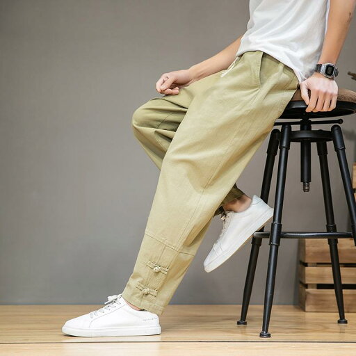 メンズ パンツ 中国風 チャイナボタン 綿麻 リネン 9分丈 ゆったり ルーズ ストレート バルーン 春夏 カジュアル 普段使い リラックス