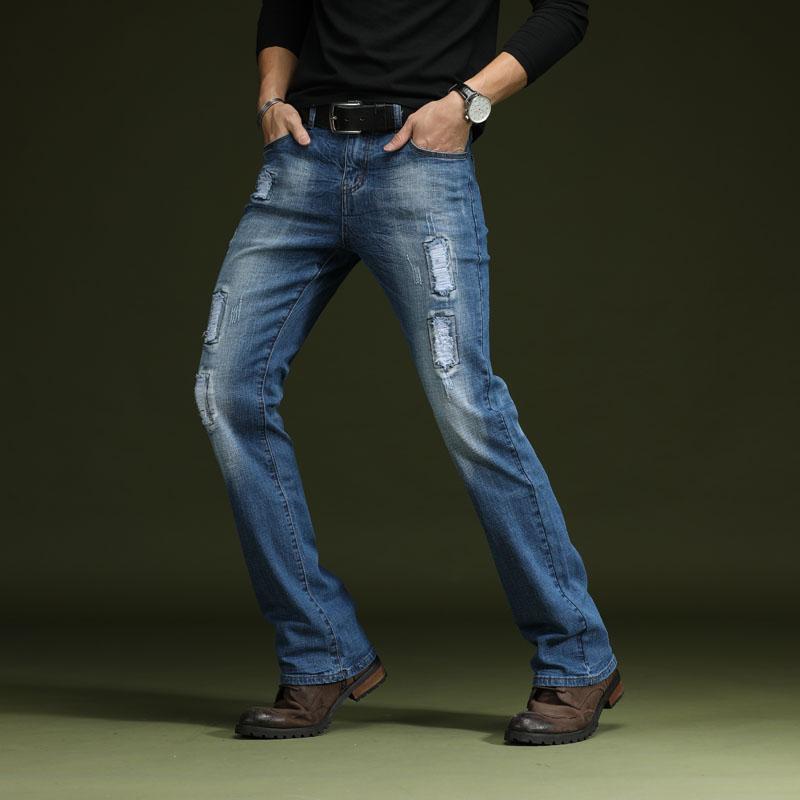 デニムパンツ メンズ ストレッチ ダメージ加工 クラッシュ セミフレア スリムフィット 韓国風 コットン ライトブルー ユーズド加工 ミドルウエスト ロング丈 カジュアルスタイル