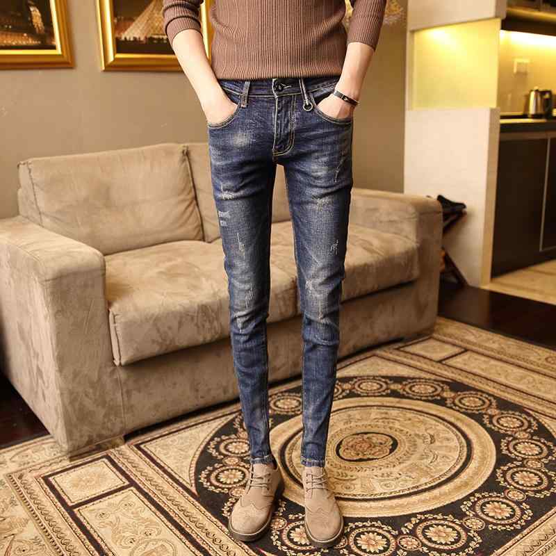 デニムパンツ メンズ 秋冬 スキニーパンツ 韓国 ストレッチ 綿 コットン ウォッシュ加工 ヒゲ加工 ブルー 青 ストリート カジュアル クール 普段使い タウン おしゃれ スリム ロング丈 伸縮性(4.0)