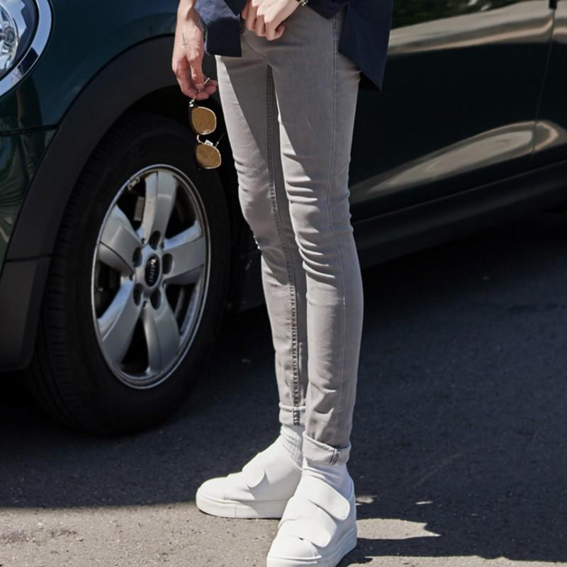 ジーンズ メンズ グレー スキニーパンツ ヴィンテージ ストレッチ ミドルローライズ ダメージ加工 ジップフライ カジュアル 韓国