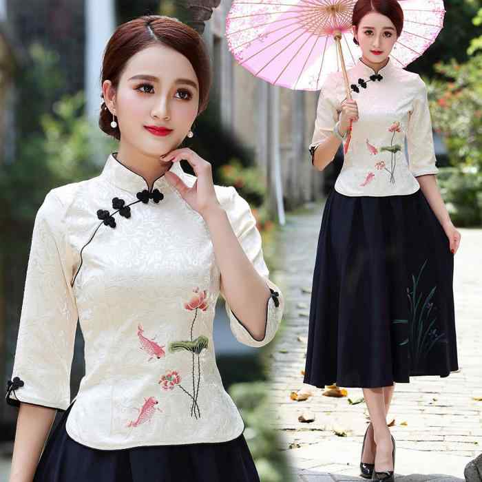 China Dress - チャイナドレス レディース レトロ 唐装 中国風 漢服 民族風 中国風 トップス スカート セットアップ コットン 綿 春夏 発表会 舞台 イベント 衣装 アプリコット ピンク ライトブルー