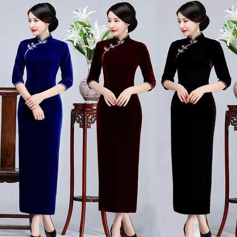 China Dress - チャイナドレス レディース 裏起毛 ベロア ロング丈 七分袖 パーティードレス フォーマルドレス レトロ クラシック エレガント 上品 優雅 ワンピース 秋冬 お呼ばれ 発表会 結婚式