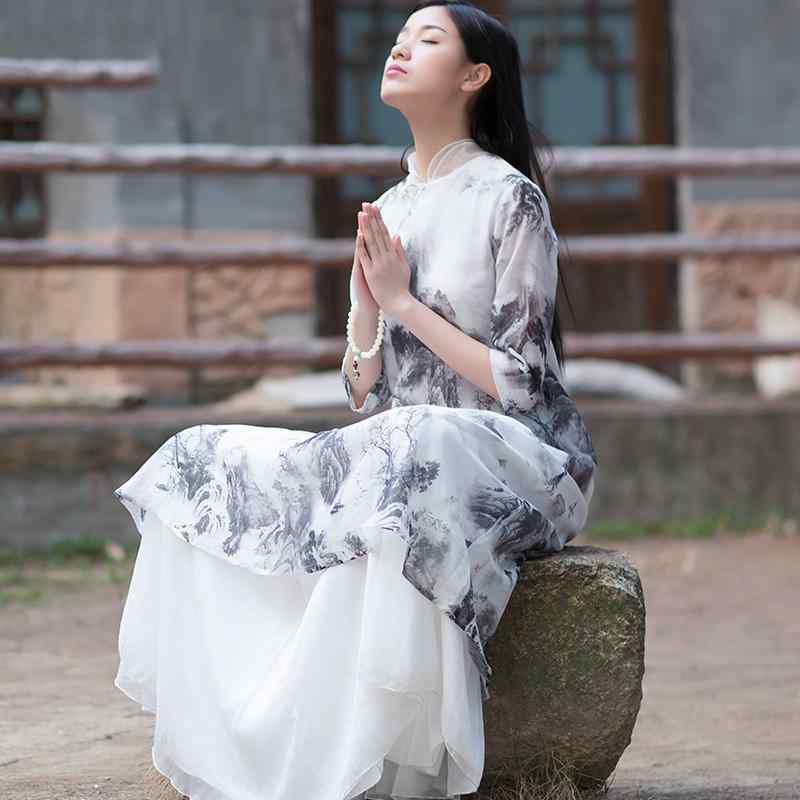 チャイナドレス レディース 茶道 禅意 エレガント 優雅 チャイナ風 水墨画風 漢服 ポリエステル ゆったり 体型カバー ロングワンピース 黒 白