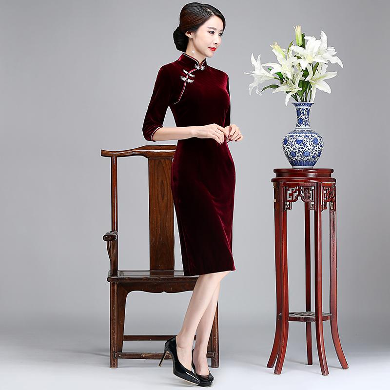 チャイナドレス レディース ミセス 母親 ベルベット ベロア調 フォーマルワンピース 結婚式 披露宴 パーティー お呼ばれ エレガント 上品 長袖 秋冬
