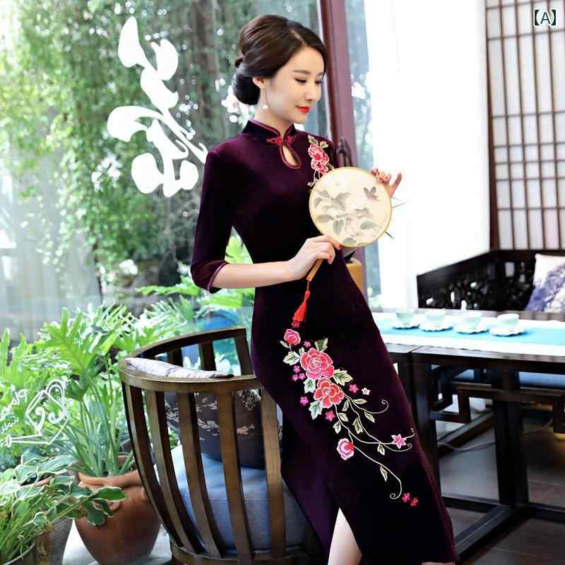 チャイナドレス ミセス ママ 女性用 ベルベット ベロア 秋冬 ロング丈 大きいサイズ ゆったり エレガント 上品 レトロ クラシカル 中国風 刺繡 礼服 宴会