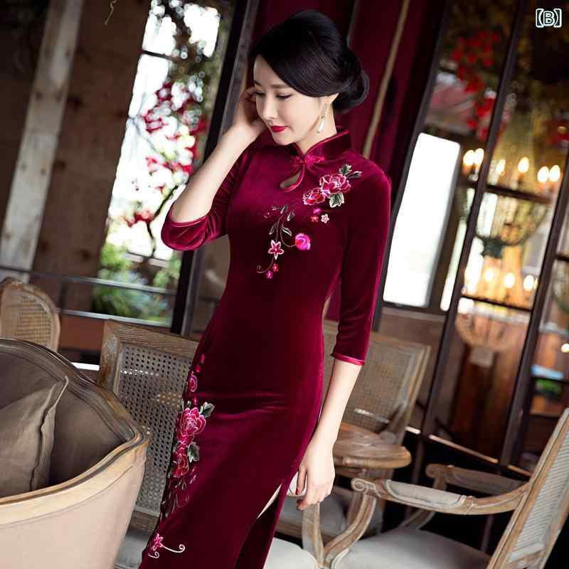 チャイナドレス ミセス ママ 女性用 ベルベット ベロア 秋冬 ロング丈 大きいサイズ ゆったり エレガント 上品 レトロ クラシカル 中国風 刺繡 礼服 宴会