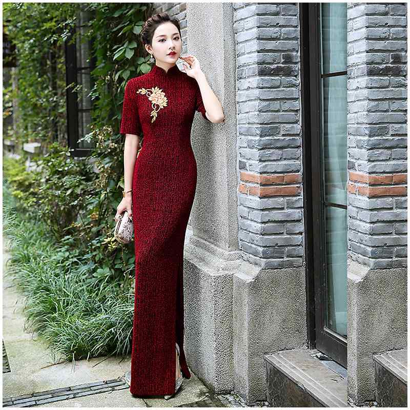 チャイナドレス ママ ミセス 伸縮性 スタイルアップ 着痩せ ロング丈 ストレート襟 スリット エレガント 上品 花柄 刺繍 フォーマル パーティー 結婚式 披露宴 会社行事 ワインレッド カーキ ブラック 春夏