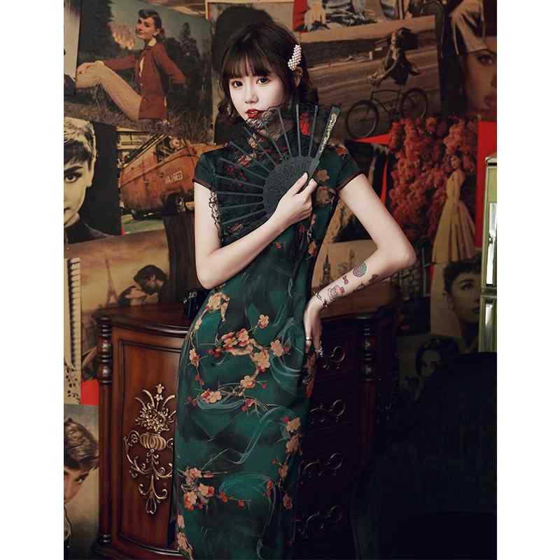 チャイナドレス レディース ダークグリーン 上品 レトロ ヴィンテージ 中華風 モダン 小柄 ポリエステル ワンピース 春夏