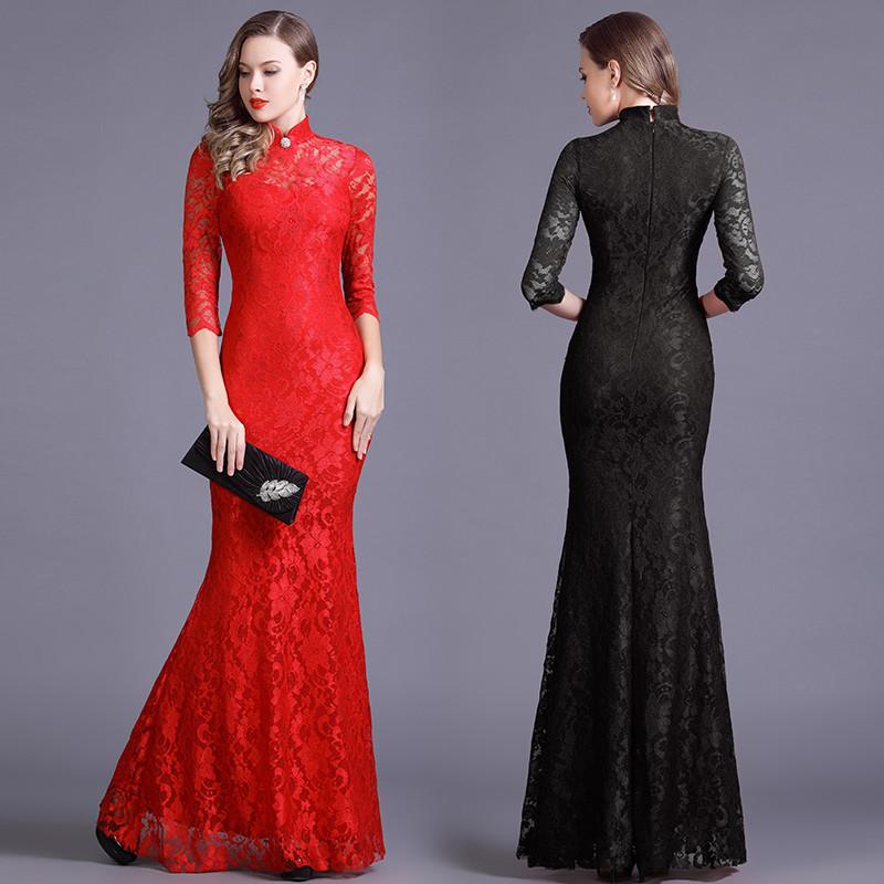 チャイナドレス 秋冬 長袖 ロング丈 スリムフィット マーメイドシルエット レース 伸縮性 モダン スタンドカラー エレガント フォーマル パーティー お呼ばれ レッド ブラック ワンピース