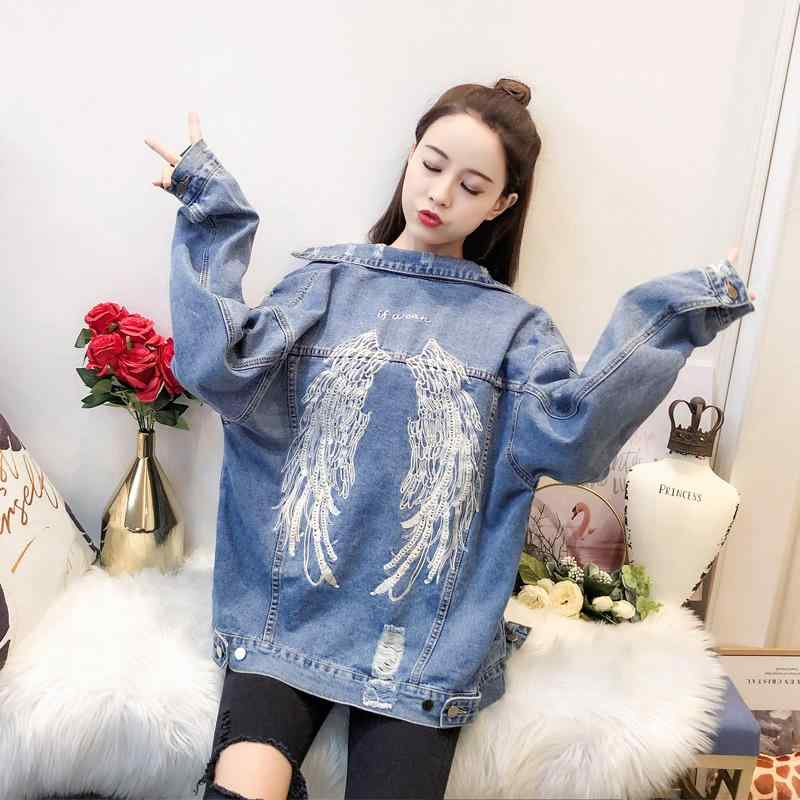 デニムジャケット レディース Gジャン 春秋 韓国風 ゆったり ビッグシルエット ショート丈 レトロ ダメージ加工 刺繍 長袖 ポロ襟 ストリート コットン ブルー カジュアル アウター
