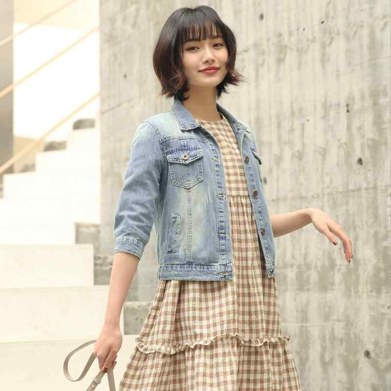 Rakuten - デニムジャケット レディース 春夏秋 ショート丈 七分袖 スリムフィット 着痩せ効果 薄手 ライトブルー 綿 ポリエステル レーヨン ポロ襟 シングルボタン 大きいサイズ カジュアル 普段使い タウン