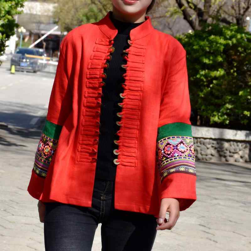 ジャケット レディース 女性用 ショート丈 スタンドカラー 麻 リネン 刺繍 銅ボタン 秋冬 民族風 アウ..