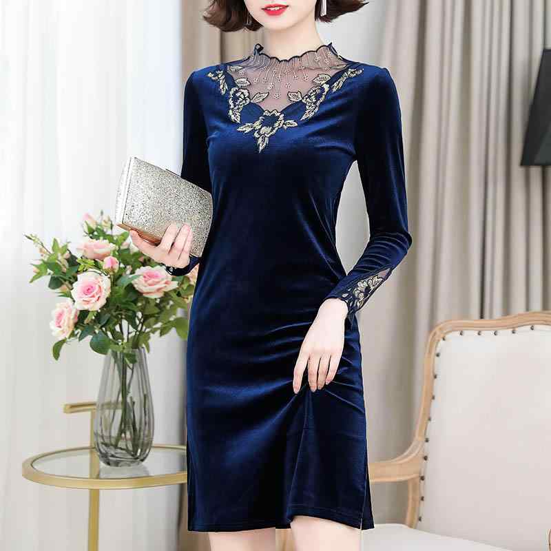 ワンピース レディース 冬物 ベロア 長袖 ウエストマーク 着痩せ 上品 レース ミディ丈 大きいサイズ ハイネック 切り替え Aライン 裏起毛 通勤