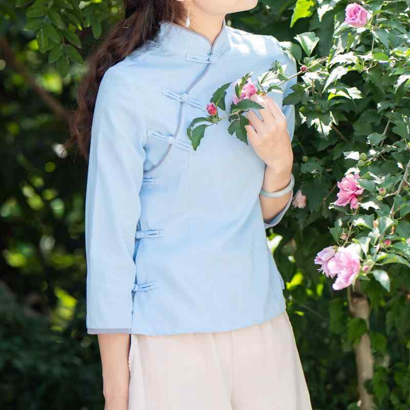 乐天商城 - ブラウス レディース 九分袖 スリムフィット チャイナ風 茶道服 普段使い 綿 コットン ライトグリーン ライトブルー ピンク 春夏