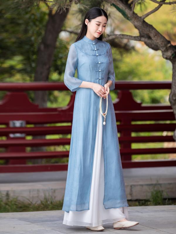 セットアップ レディース レトロ チャイナドレス風 トップス 唐装 中国風 漢服 茶道服 春夏 ポリエステル ゆったり エレガント お出かけ 普段使い ブルー ピンク