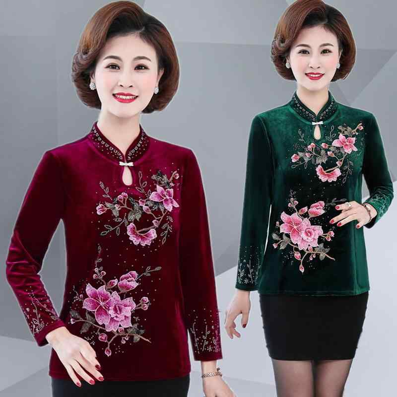 Tシャツ レディース ミセス シニア 春秋 ベロア 刺繍 花柄 チャイナカラー 長袖 レトロ エスニック トップス ポリエステル ゆったり プルオーバー パープル グリーン ワインレッド