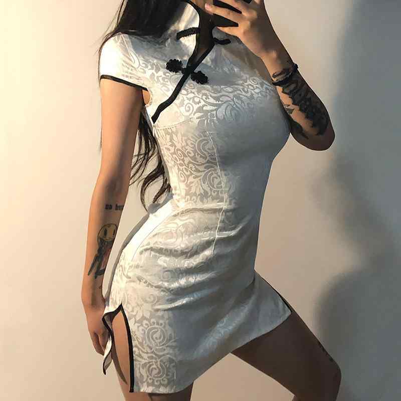 チャイナドレス レディース 大人の女性 エレガント セクシー レトロ ハイネック 半袖 チャイナボタン 切り替え スリット タイト スリム ショート丈 Aライン ポリエステル ホワイト ワンピース