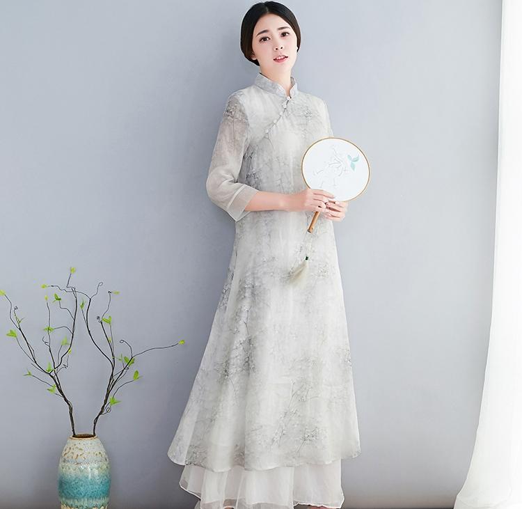 ワンピース チャイナドレス 民族風 中国風 レトロ 禅意 エレガント 茶道服 茶会服 春夏 シフォン ポリエステル スタンドカラー 七分袖 ミディ丈 フレア Aライン グレー