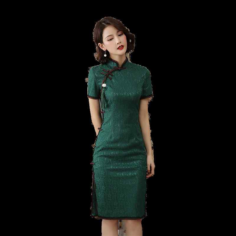 チャイナドレス ワンピース レディース 若い女性 グリーン 花柄 レトロ エレガント 上品 ミディ丈 半袖 小柄さん 春夏 お呼ばれ パーティー