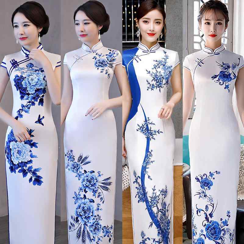 China Dress - チャイナドレス レディース 新中国風 青花柄 ロング丈 ワンピース ドレス 舞台衣装 ステージパフォーマンス 気品 半袖 ブルー系 ポリエステル ハイサイドスリット