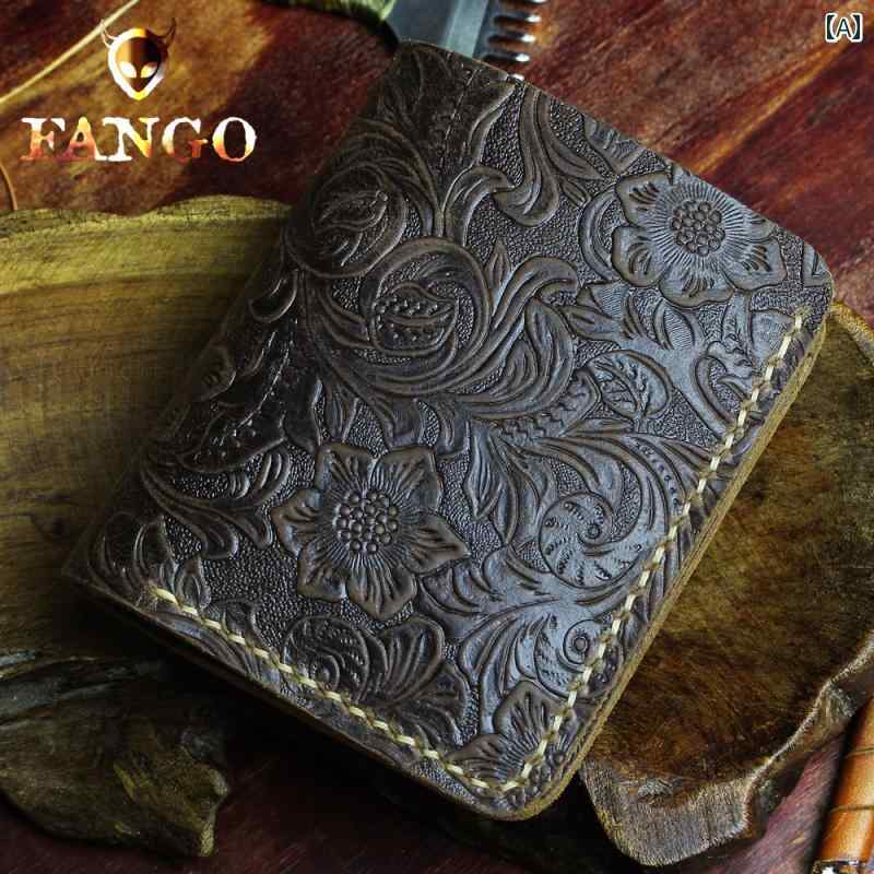 財布 メンズ レディース ハンドメイド ショートウォレット 二つ折り 縦型 革 牛革 レトロ ヴィンテージ風 クホースレザー 型押し 花柄 札入れ カード入れ ブラウン系 ネイビー レッド 2